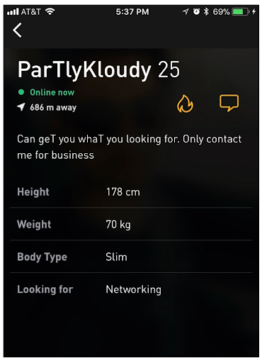 Screenshot of a Grindr profile using the capital T to refer to meth