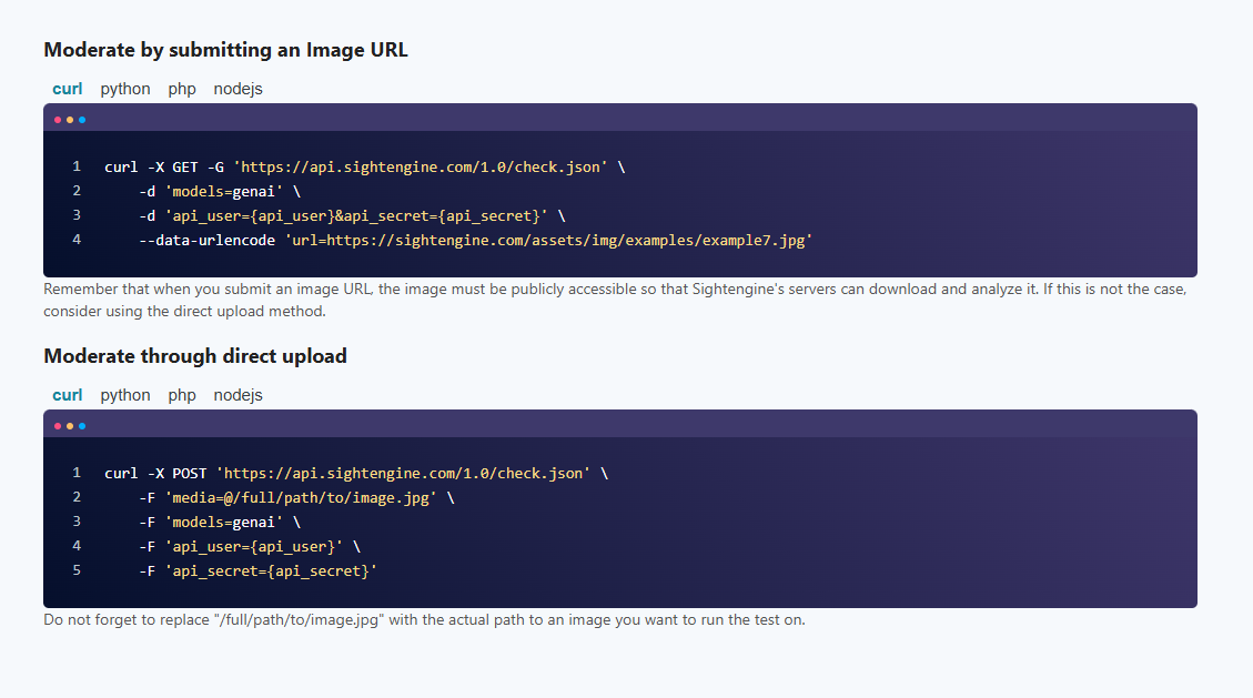 Code to send requests to Sightengine's API